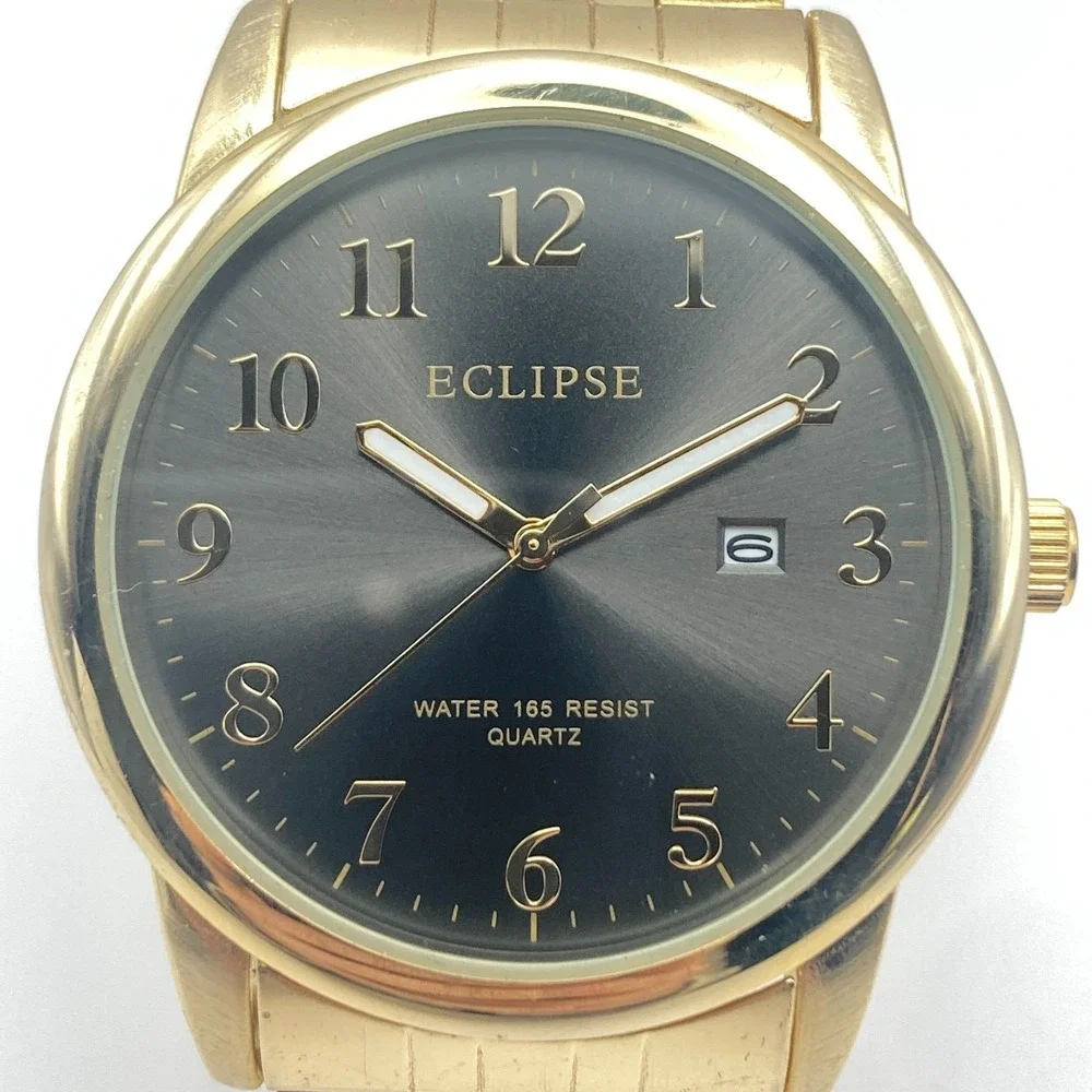 Eclipse Mens Watch 41mm Gold Tone Date Grey Dial 50M WR Classic New Battery 8